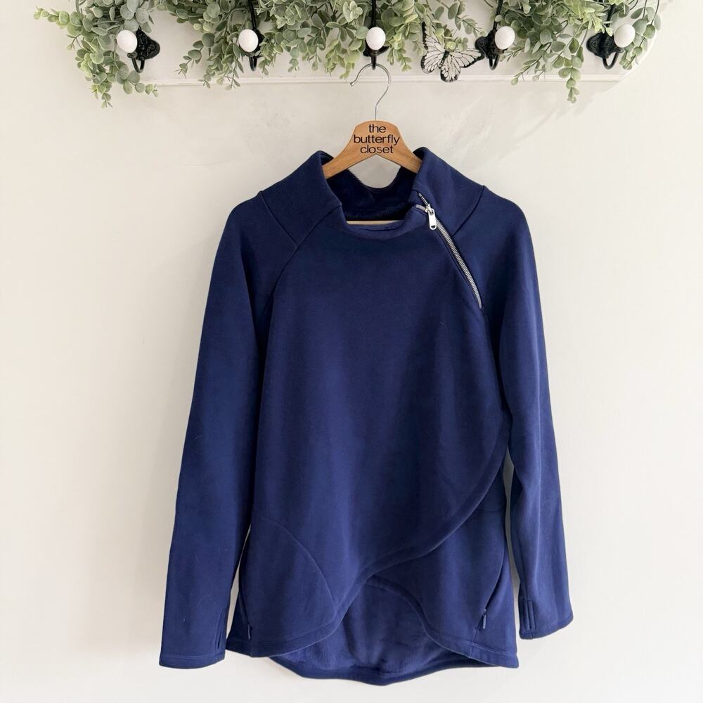 Athleta Cozy Karma Asymmetrical Pullover Sweatshirt Blue Size L 20-2020